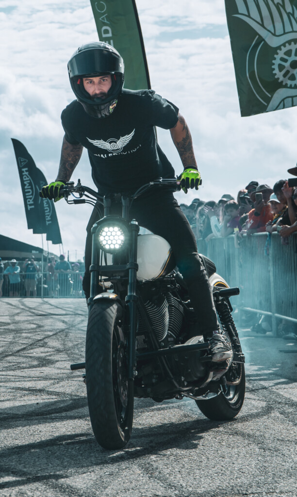 Dialed Action Motorcycle Athlete Cory Tesinsky with a burnout on his Harley at COTA 2024